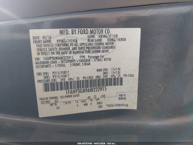 2010 Ford Focus Ses მანქანა იყიდება აუქციონზე, vin: 1FAHP3GN9AW222915, აუქციონის ნომერი: 44757440