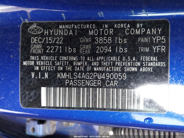 44757442 :رقم المزاد ، KMHLS4AG2PU490059 vin ، 2023 Hyundai Elantra Sel مزاد بيع