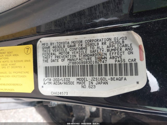 44757452 :رقم المزاد ، JT8BD69S830182747 vin ، 2003 Lexus Gs 300 مزاد بيع