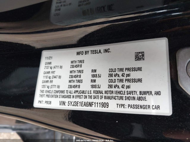 2022 Tesla Model 3 Rear-wheel Drive მანქანა იყიდება აუქციონზე, vin: 5YJ3E1EA6NF111909, აუქციონის ნომერი: 44757463