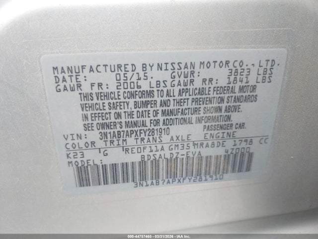 3N1AB7APXFY281910 Nissan SENTRA SV
