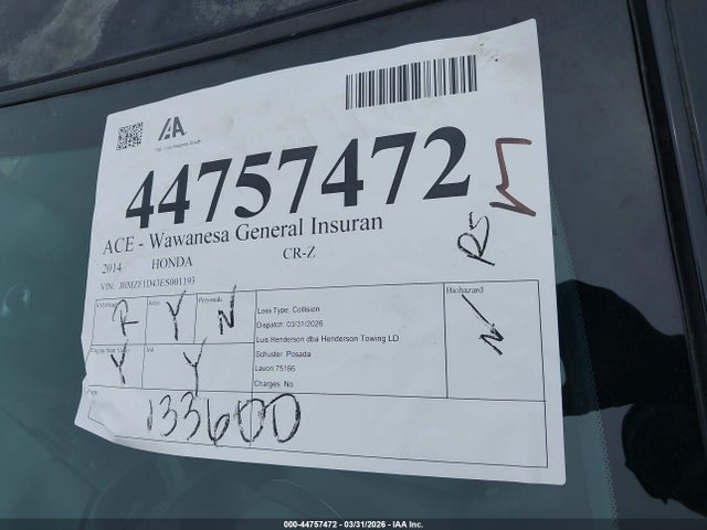 Продаж на аукціоні авто 2014 Honda Cr-z, vin: JHMZF1D43ES001193, номер лоту: 44757472