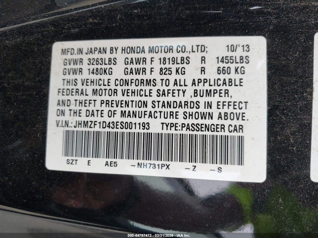 Продаж на аукціоні авто 2014 Honda Cr-z, vin: JHMZF1D43ES001193, номер лоту: 44757472