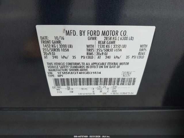 1FM5K8GT4HGB31834 Ford EXPLORER SPORT