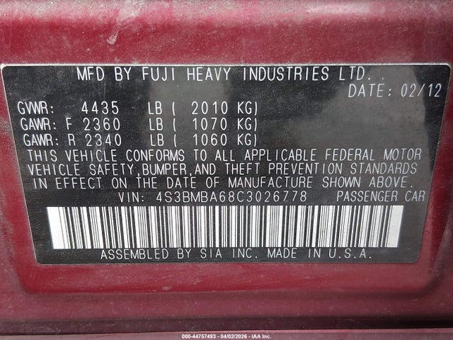 Продажа на аукционе авто 2012 Subaru Legacy 2.5i, vin: 4S3BMBA68C3026778, номер лота: 44757493