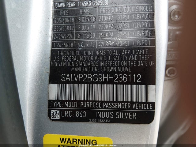 2017 LAND ROVER RANGE ROVER EVOQUE SALVP2BG9HH236112 Photo 8