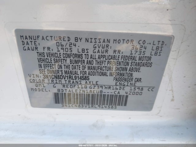 44757511 :رقم المزاد ، 3N1CN8DV1RL914585 vin ، 2024 Nissan Versa 1.6 S مزاد بيع