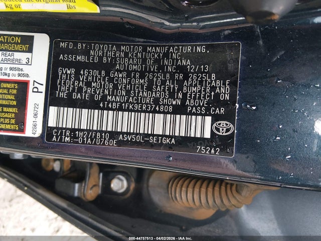 2014 Toyota Camry Xle მანქანა იყიდება აუქციონზე, vin: 4T4BF1FK9ER374808, აუქციონის ნომერი: 44757513