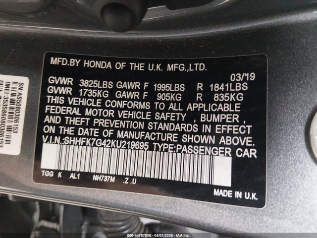 SHHFK7G42KU219695 Honda Civic Sport