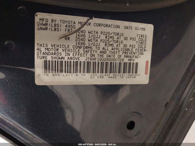 44757540 :رقم المزاد ، JT6HF10U2X0060728 vin ، 1999 Lexus Rx 300 مزاد بيع