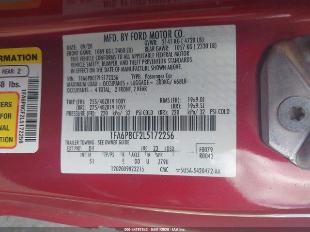 Продаж на аукціоні авто 2020 Ford Mustang Gt Premium Fastback, vin: 1FA6P8CF2L5172256, номер лоту: 44757542