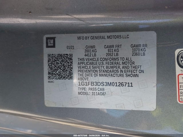 44757546 :رقم المزاد ، 1G1FB3DS3M0126711 vin ، 2021 Chevrolet Camaro Rwd  1lt مزاد بيع