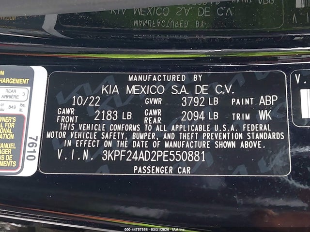 Aukcja sprzedaży 2023 Kia Forte Lxs, vin: 3KPF24AD2PE550881, numer aukcji: 44757558