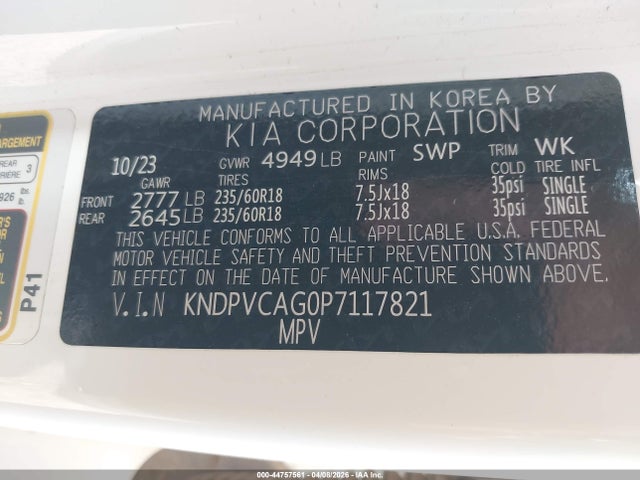 44757561 :رقم المزاد ، KNDPVCAG0P7117821 vin ، 2023 Kia Sportage Hybrid Ex مزاد بيع