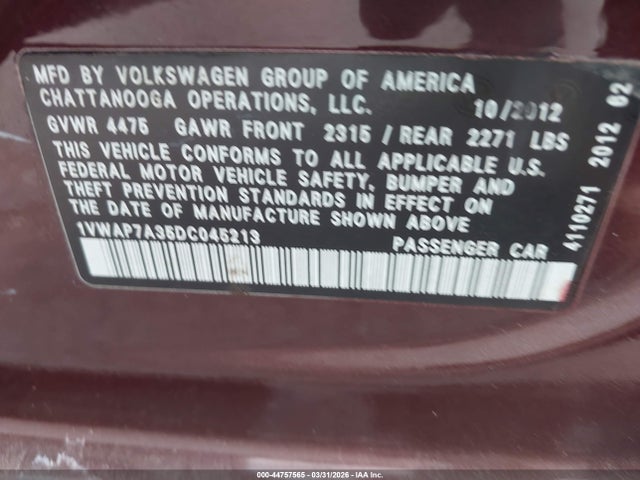 2013 VOLKSWAGEN PASSAT 1VWAP7A35DC045213 Photo 8