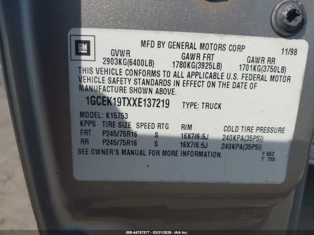1999 CHEVROLET SILVERADO 1500 1GCEK19TXXE137219 Photo 8