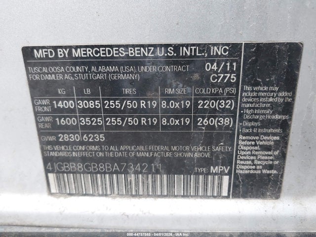 Aukcja sprzedaży 2011 Mercedes-benz Ml 350 4matic, vin: 4JGBB8GB8BA734211, numer aukcji: 44757585