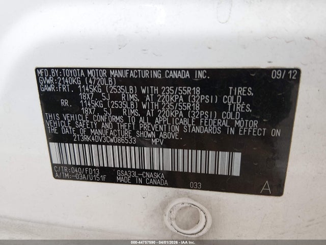 Продаж на аукціоні авто 2012 Toyota Rav4 Sport V6, vin: 2T3RK4DV3CW086533, номер лоту: 44757590
