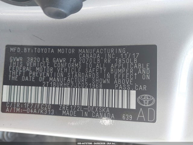 2T1BURHE7JC021968 Toyota COROLLA SE