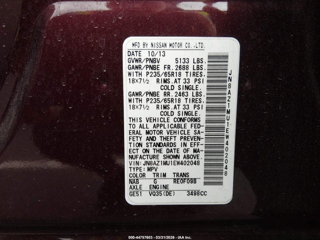 Nissan MURANO S 2014 JN8AZ1MU1EW402048 Image 9