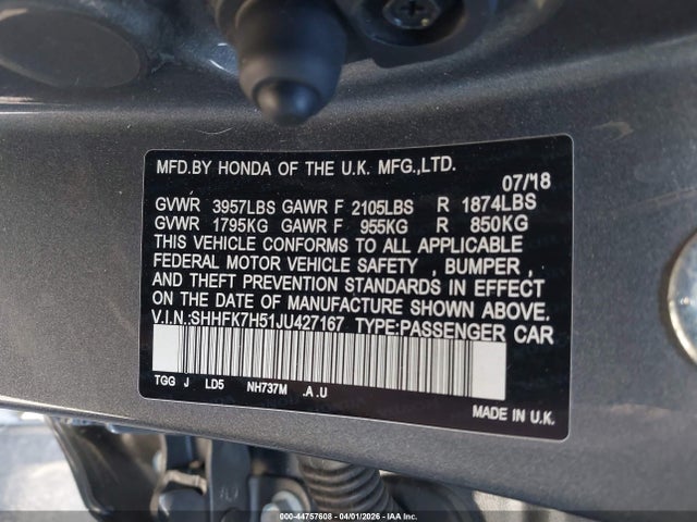 SHHFK7H51JU427167 Honda CIVIC EX