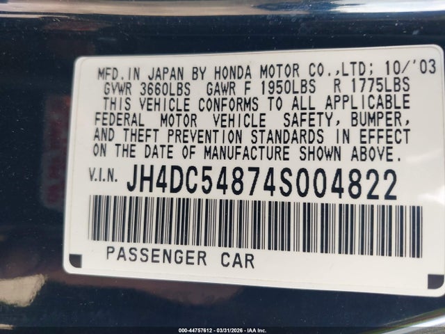 44757612 :رقم المزاد ، JH4DC54874S004822 vin ، 2004 Acura Rsx مزاد بيع