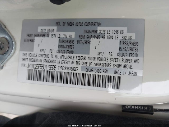 Продажа на аукционе авто 2006 Mazda Mx-5 Touring, vin: JM1NC25F560119595, номер лота: 44757613