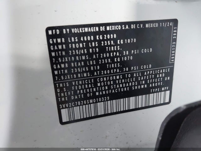 Продаж на аукціоні авто 2025 Volkswagen Taos 1.5t Se Black, vin: 3VV2C7B26SM010329, номер лоту: 44757616