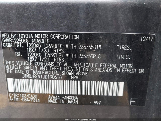 2018 Toyota Rav4 Hybrid Limited მანქანა იყიდება აუქციონზე, vin: JTMDJREV1JD190618, აუქციონის ნომერი: 44757617