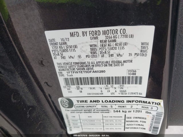 44757618 :رقم المزاد ، 1FTFW1ET5DFA60280 vin ، 2013 Ford F-150 Fx4 مزاد بيع