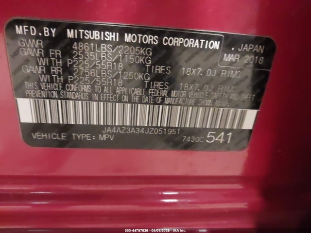 Aukcja sprzedaży 2018 Mitsubishi Outlander Es, vin: JA4AZ3A34JZ051951, numer aukcji: 44757636