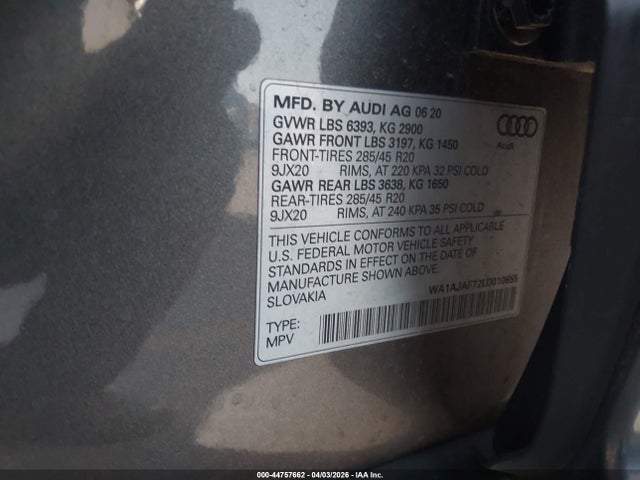 2020 Audi Q7 Premium 45 Tfsi Quattro Tiptronic მანქანა იყიდება აუქციონზე, vin: WA1AJAF72LD010855, აუქციონის ნომერი: 44757662