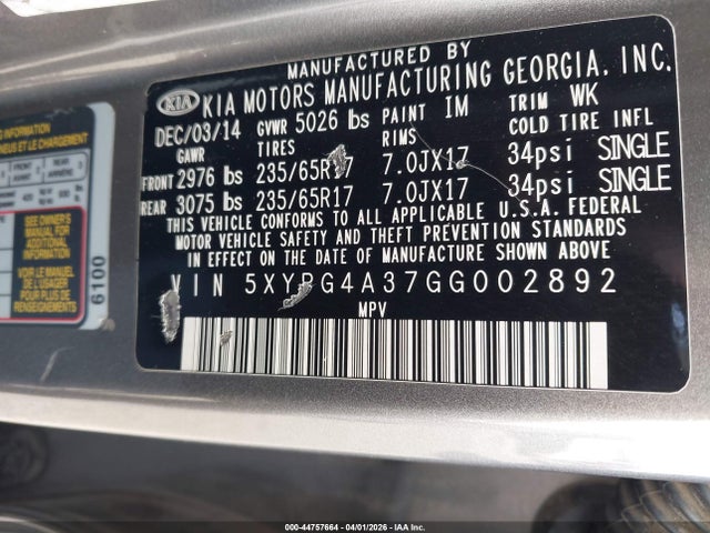 5XYPG4A37GG002892 KIA Sorento 2.4l Lx