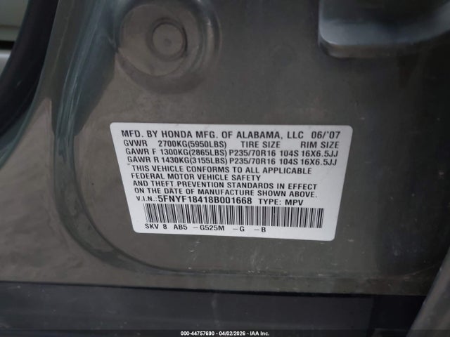 Продаж на аукціоні авто 2008 Honda Pilot Ex, vin: 5FNYF18418B001668, номер лоту: 44757690