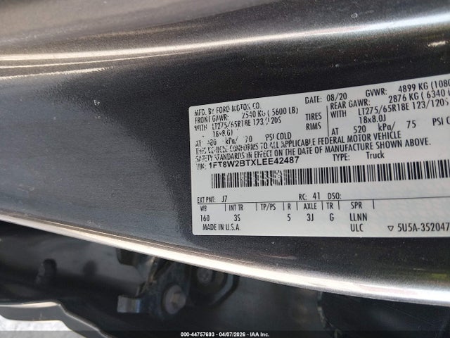 Продаж на аукціоні авто 2020 Ford F-250 Xlt, vin: 1FT8W2BTXLEE42487, номер лоту: 44757693