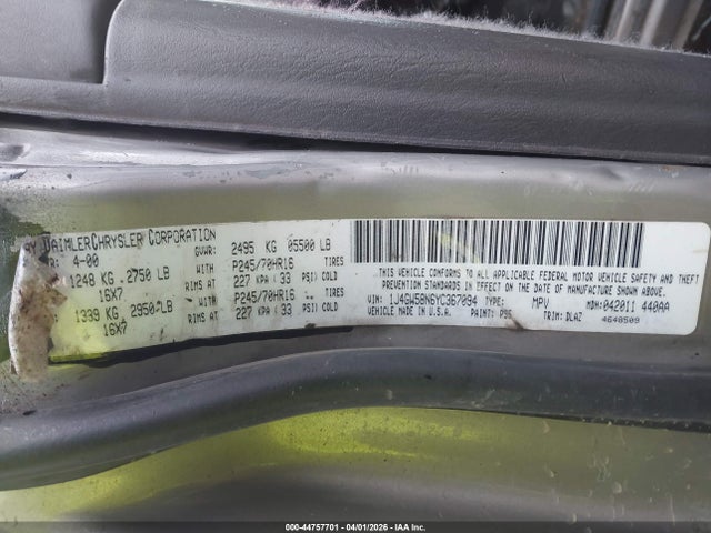 Aukcja sprzedaży 2000 Jeep Grand Cherokee Limited, vin: 1J4GW58N6YC367094, numer aukcji: 44757701