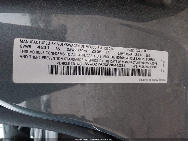 44757717 :رقم المزاد ، 3VWDZ7AJXBM041238 vin ، 2011 Volkswagen Jetta 2.5l Se مزاد بيع