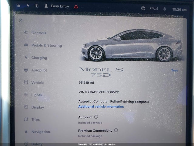 44757727 :رقم المزاد ، 5YJSA1E2XHF186522 vin ، 2017 Tesla Model S 100d/60d/75d/90d/p100d مزاد بيع