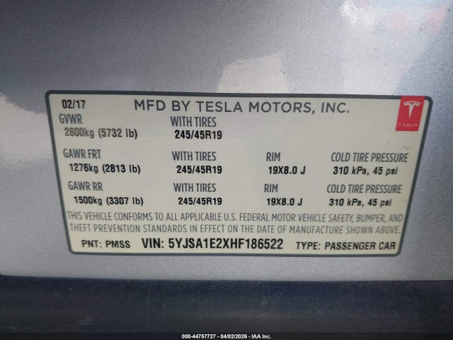 44757727 :رقم المزاد ، 5YJSA1E2XHF186522 vin ، 2017 Tesla Model S 100d/60d/75d/90d/p100d مزاد بيع