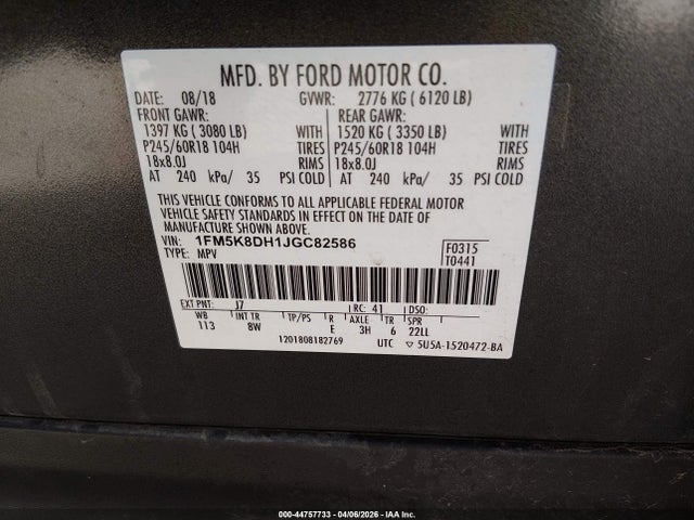 Продажа на аукционе авто 2018 Ford Explorer Xlt, vin: 1FM5K8DH1JGC82586, номер лота: 44757733