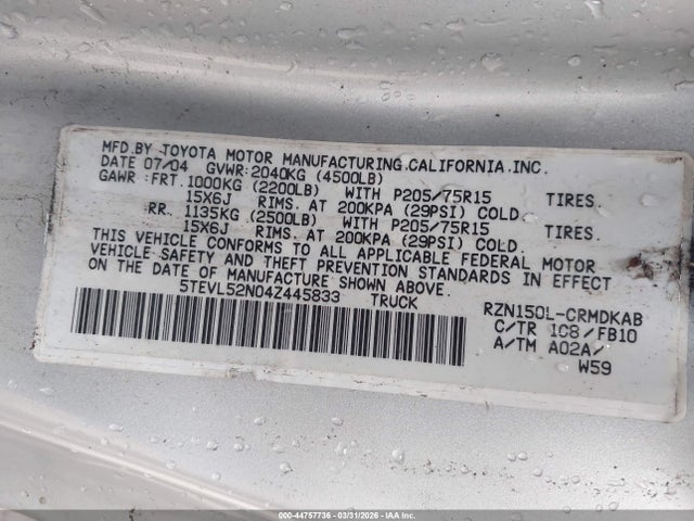 2004 TOYOTA TACOMA 5TEVL52N04Z445833 Photo 8