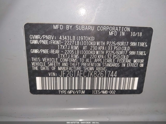 44757738 :رقم المزاد ، JF2GTAEC7K8261744 vin ، 2019 Subaru Crosstrek 2.0i Premium مزاد بيع