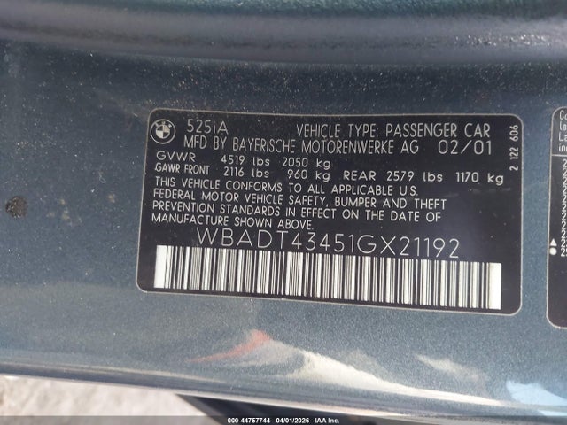 2001 Bmw 525ia მანქანა იყიდება აუქციონზე, vin: WBADT43451GX21192, აუქციონის ნომერი: 44757744