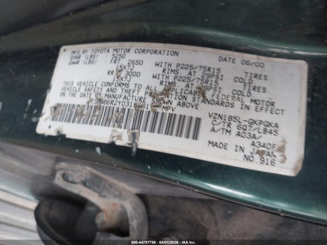 44757758 :رقم المزاد ، JT3HN86R2Y0318081 vin ، 2000 Toyota 4runner Sr5 V6 مزاد بيع