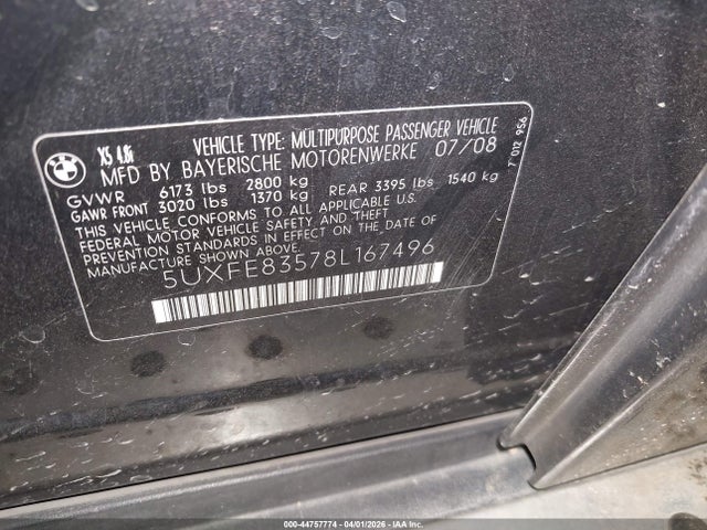 44757774 :رقم المزاد ، 5UXFE83578L167496 vin ، 2008 Bmw X5 4.8i مزاد بيع