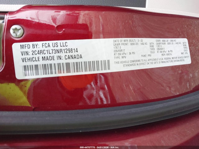 2022 Chrysler Pacifica Hybrid Touring L მანქანა იყიდება აუქციონზე, vin: 2C4RC1L73NR129814, აუქციონის ნომერი: 44757775