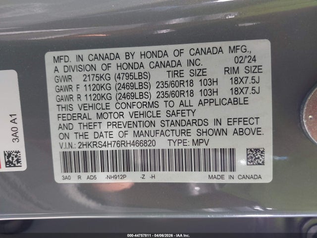 2HKRS4H76RH466820 Honda Cr-v Ex-l Awd