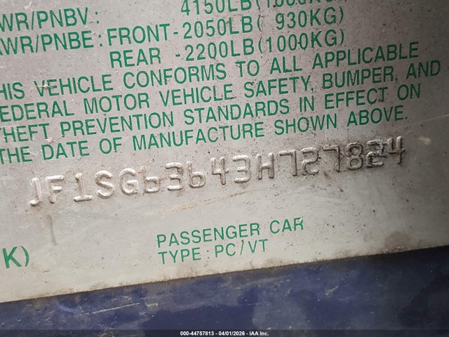 2003 Subaru Forester X მანქანა იყიდება აუქციონზე, vin: JF1SG63643H727824, აუქციონის ნომერი: 44757813
