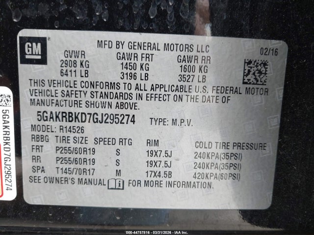 44757816 :رقم المزاد ، 5GAKRBKD7GJ295274 vin ، 2016 Buick Enclave Leather مزاد بيع