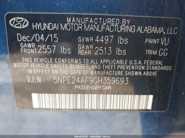 2016 HYUNDAI SONATA 5NPE24AF9GH359693 Photo 8
